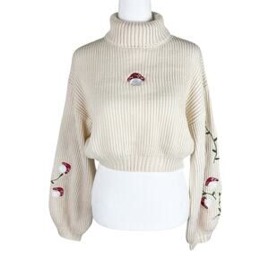Romwe Fairycore Mushroom Embroidered Turtle Sweater Lantern Sleeve Size Small